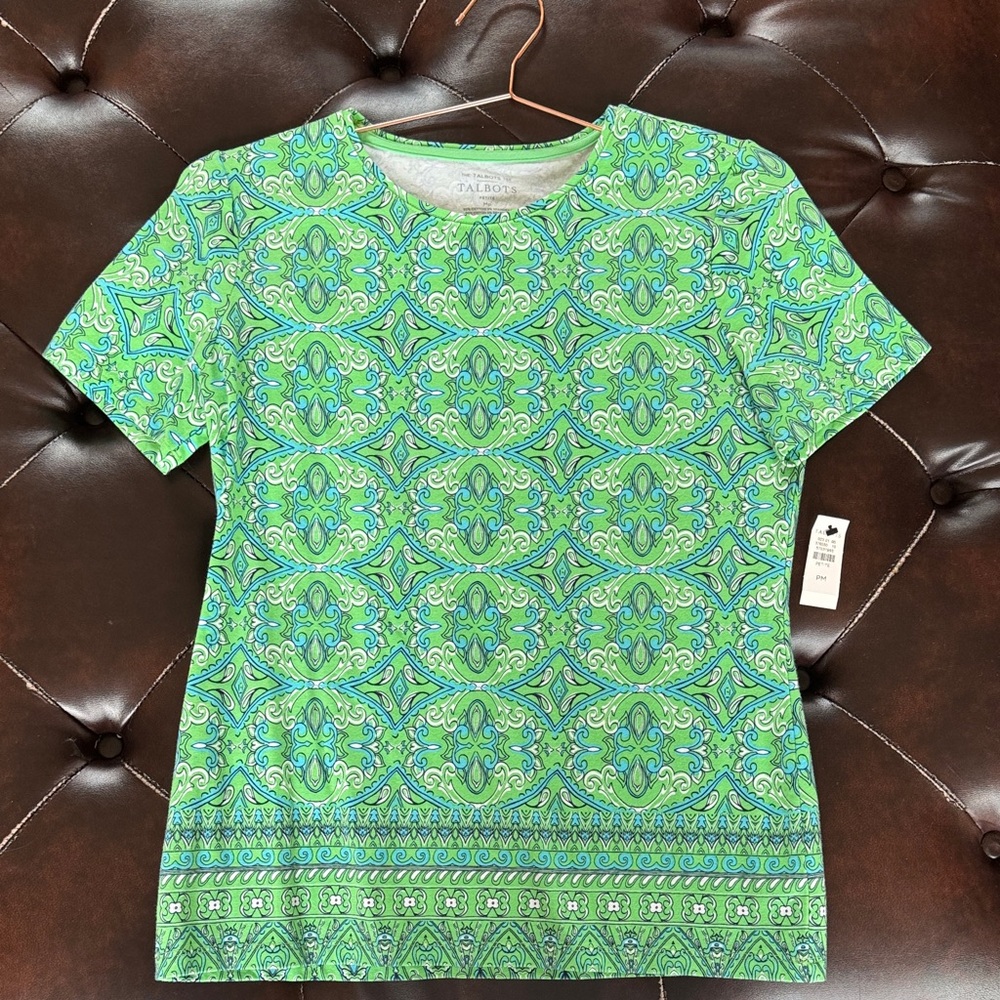 Talbots Green and Blue Geometric Print Short Sleeve Top
